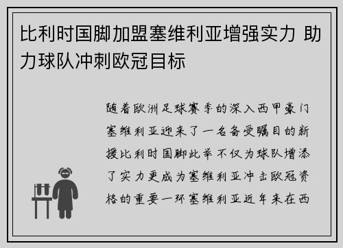 比利时国脚加盟塞维利亚增强实力 助力球队冲刺欧冠目标