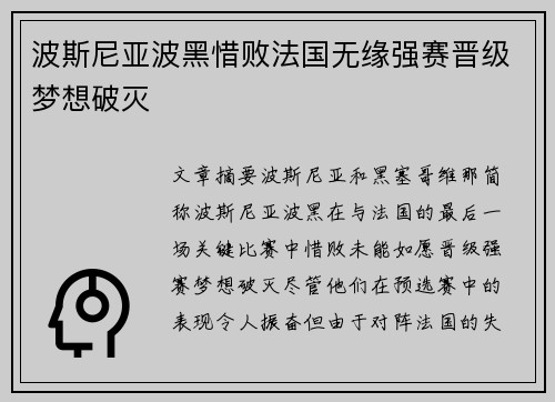 波斯尼亚波黑惜败法国无缘强赛晋级梦想破灭