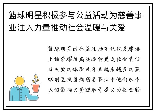 篮球明星积极参与公益活动为慈善事业注入力量推动社会温暖与关爱